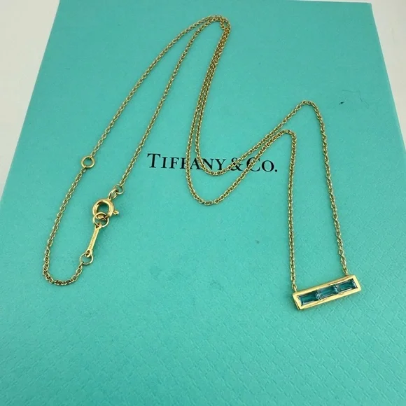 Tiffany & Co. Paloma's Studio 18k Blue Topaz Bar Pendant Baguette Stone Necklace - Picture 7 of 8